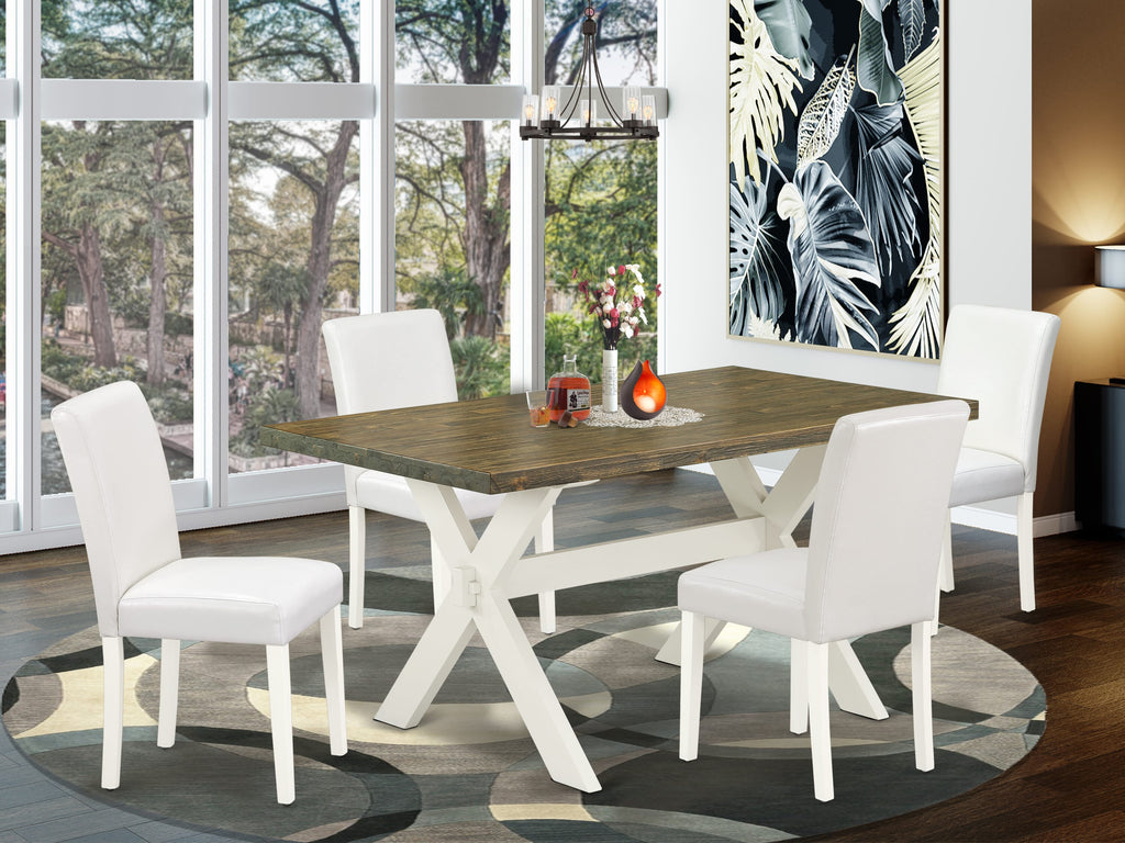 X076AJ6XM-X 5-Piece Modern Dining Table Set with X-Legs and White Faux Chairs, 36x60 Inch