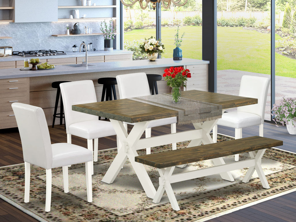 X076ABZYA-0 6-Piece Dining Set Rectangular Table with X-Legs, 4 Faux Leather Chairs, Bench, Multi-Color