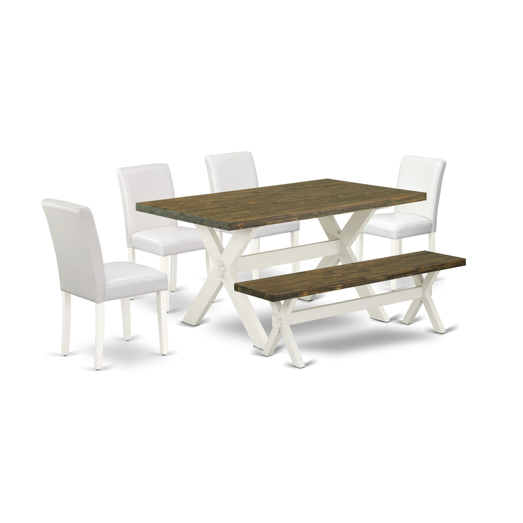 X076ABZYA-0 6-Piece Dining Set Rectangular Table with X-Legs, 4 Faux Leather Chairs, Bench, Multi-Color