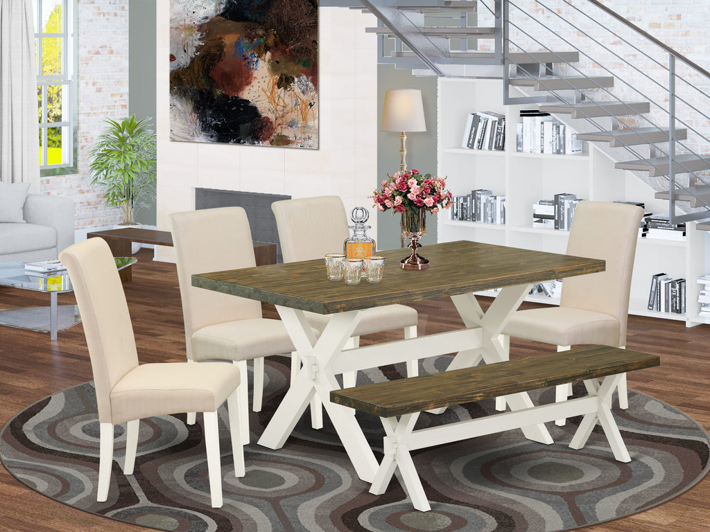 X076BB31I-S 6-Piece Dining Set with Rectangle X-Leg Table, 4 Cream Linen Parsons Chairs & Bench - 36x60 Multi-Color