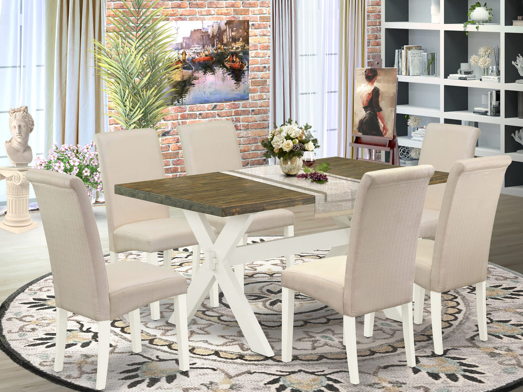 X076BMZFK-0 7-Piece Contemporary Dining Set with X-Leg Table & 6 Cream Upholstered Parson Chairs - Multi-Color