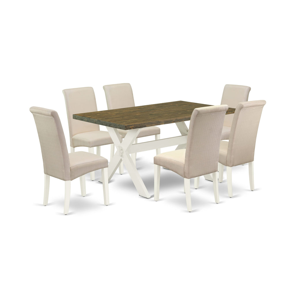 X076BMZFK-0 7-Piece Contemporary Dining Set with X-Leg Table & 6 Cream Upholstered Parson Chairs - Multi-Color