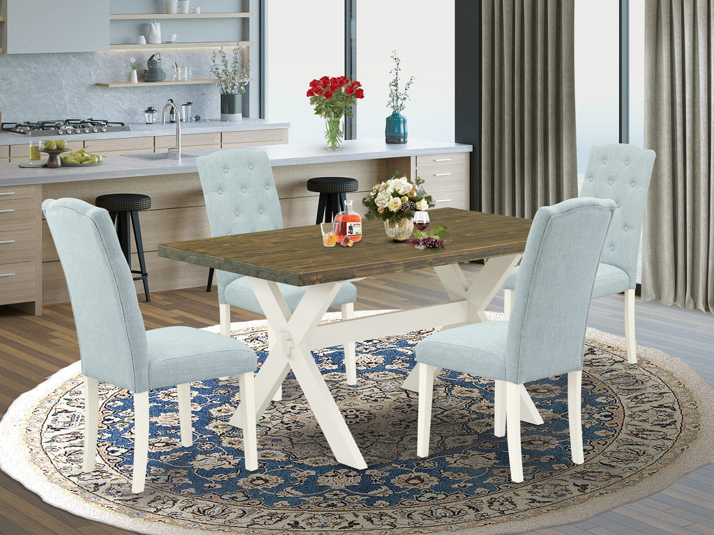 X076CF9SA-A 5-Piece Dining Set with Rectangular Table on X-Legs and 4 Linen Chairs, Baby Blue Fabric, 36x60, Multi-Color