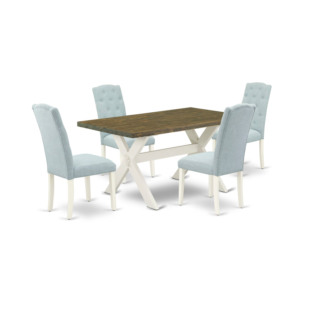 X076CF9SA-A 5-Piece Dining Set with Rectangular Table on X-Legs and 4 Linen Chairs, Baby Blue Fabric, 36x60, Multi-Color