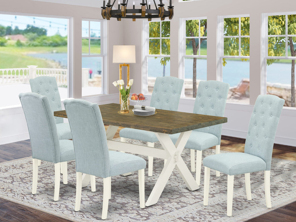 X076CAYJM-F Dining Ensemble Rectangular Table with X-Legs & 6 Baby Blue Upholstered Seats - Multi-Color