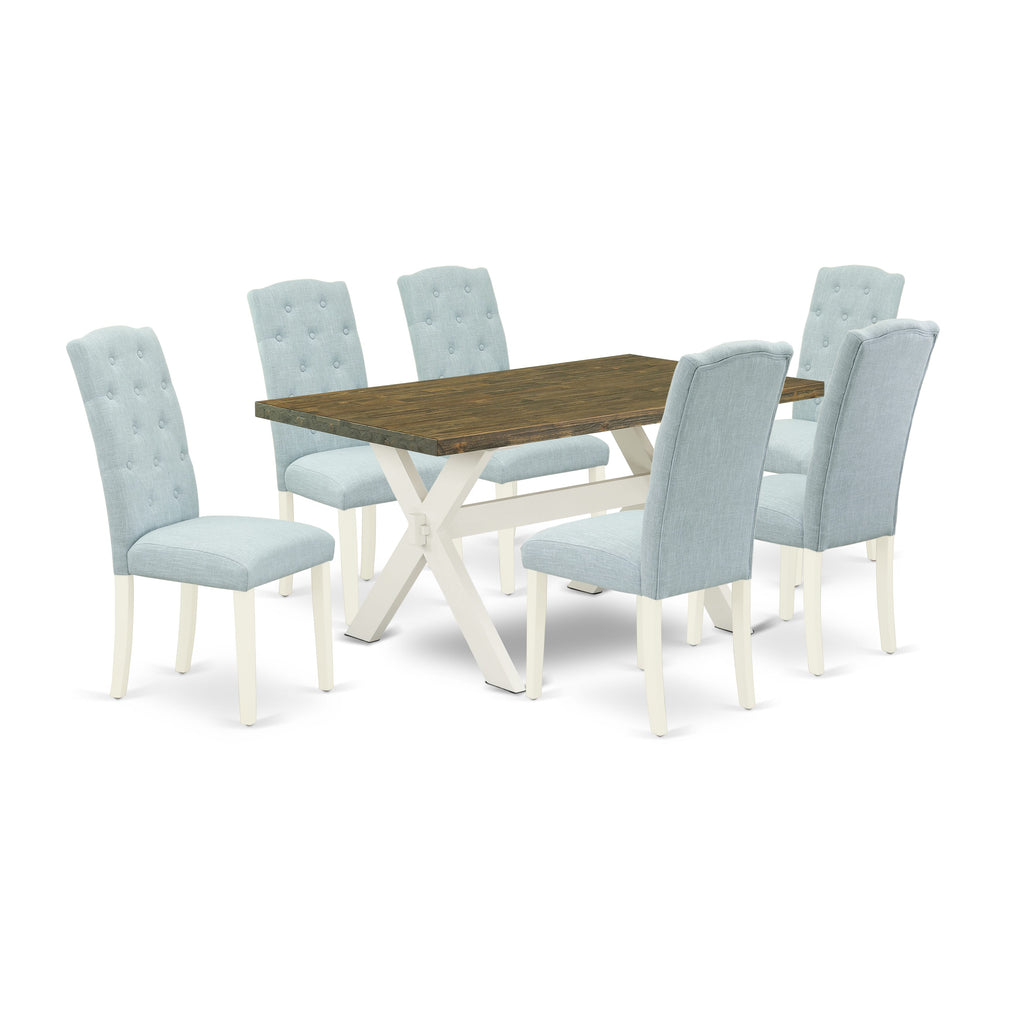 X076CAYJM-F Dining Ensemble Rectangular Table with X-Legs & 6 Baby Blue Upholstered Seats - Multi-Color