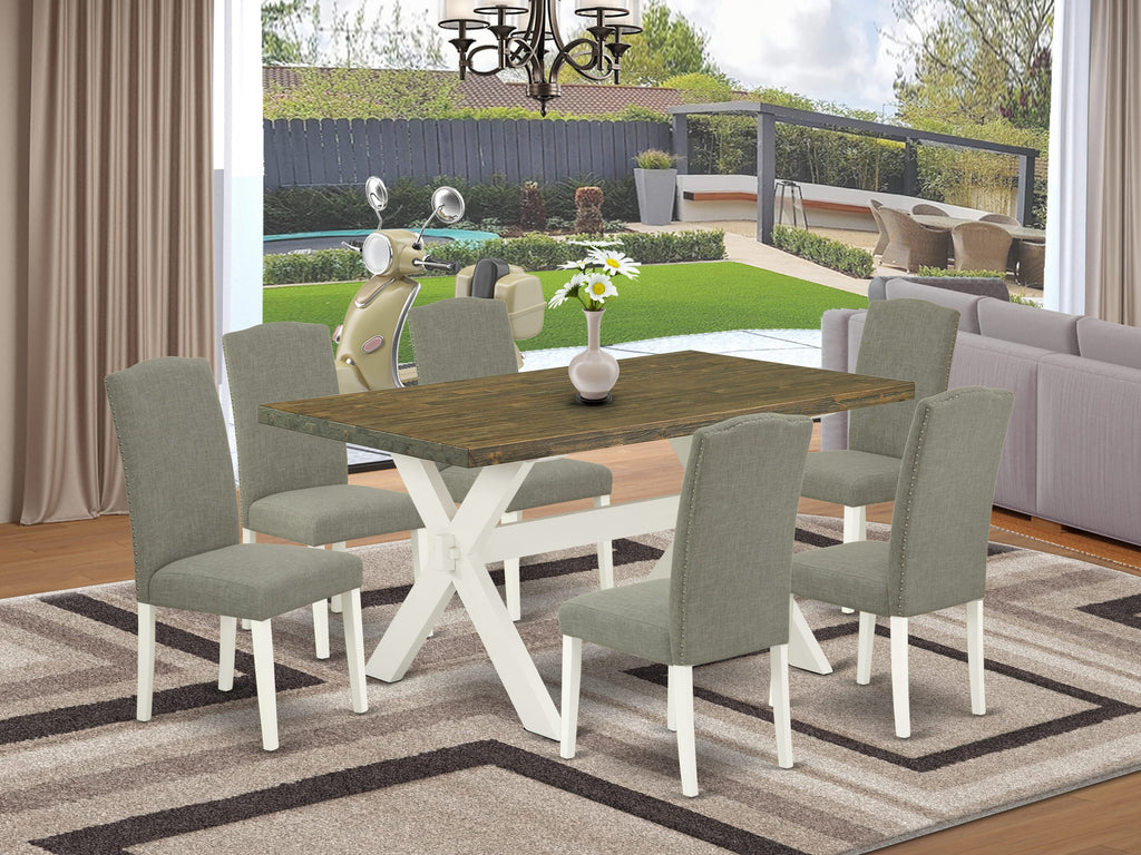 Set of 7 Dining Pieces  X076E81S6-K with X-Leg Wooden Table & Linen Chairs