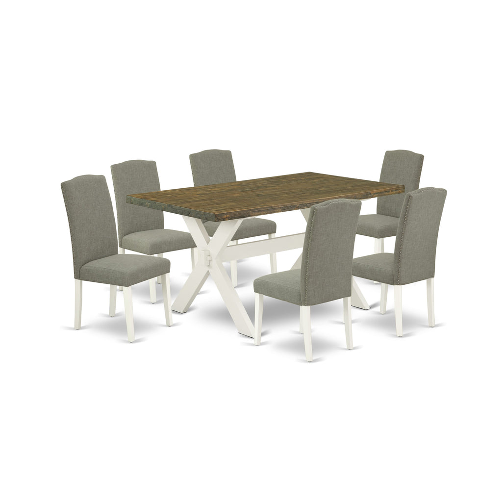 Set of 7 Dining Pieces  X076E81S6-K with X-Leg Wooden Table & Linen Chairs