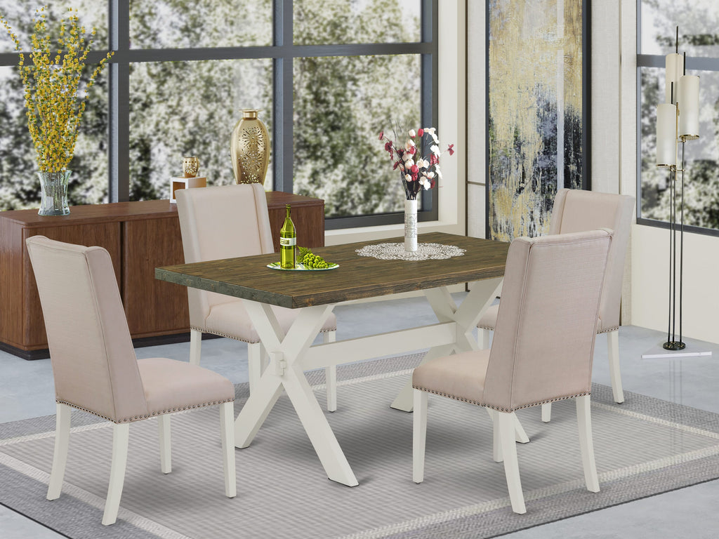 X076F3IVN-A 5-Piece Dining Arrangement Four Cream Linen Parsons Chairs & Rectangular X-Leg Table Set, 36x60
