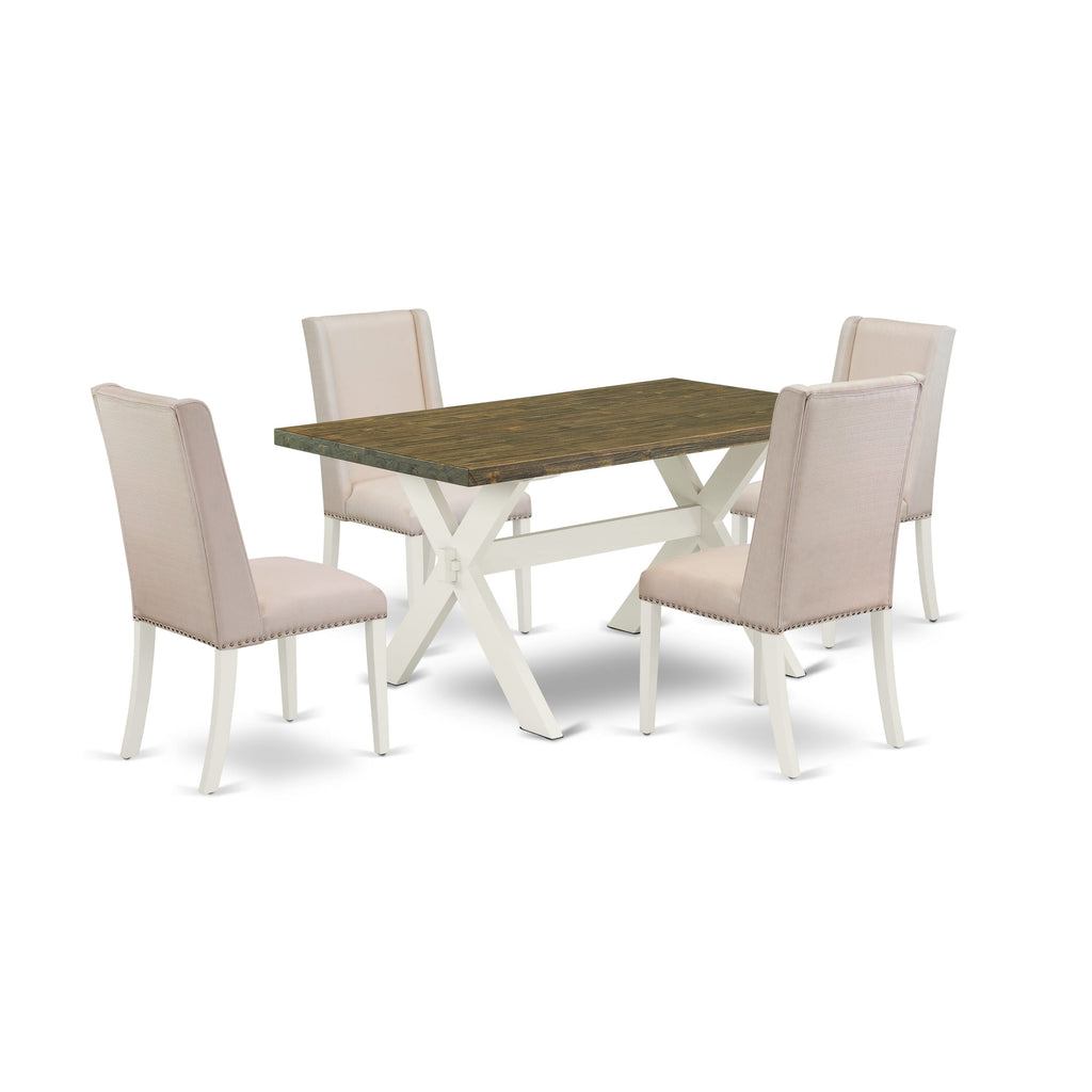 X076F3IVN-A 5-Piece Dining Arrangement Four Cream Linen Parsons Chairs & Rectangular X-Leg Table Set, 36x60
