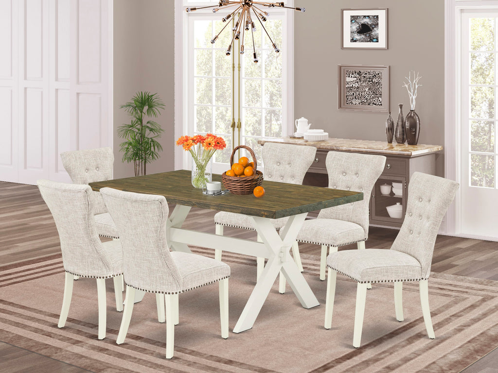 X076GJYMZ-M Stylish 7 Piece Dining Ensemble with Rectangular Table & X-Base Plus Six Chairs in Multi-Tone Fabric Upholstery