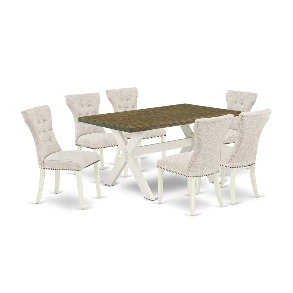 X076GJYMZ-M Stylish 7 Piece Dining Ensemble with Rectangular Table & X-Base Plus Six Chairs in Multi-Tone Fabric Upholstery
