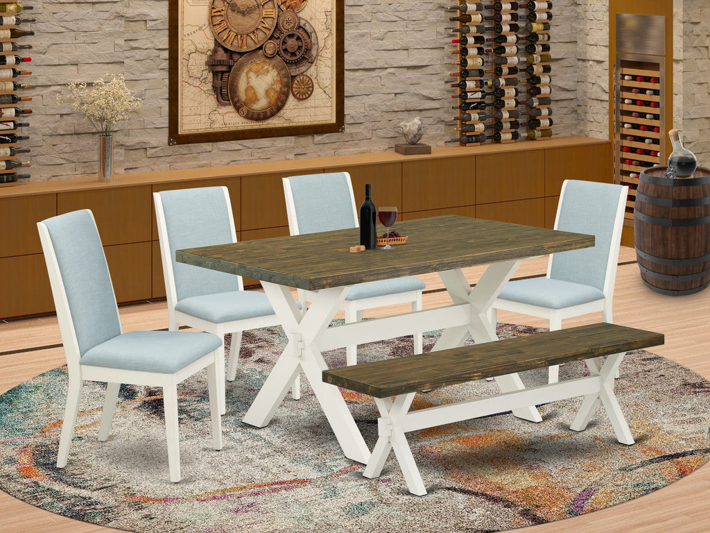 X076L9T6N-T 6-Piece Rectangular Table Set with X-Legs, 4 Baby Blue Linen Chairs, and Bench
