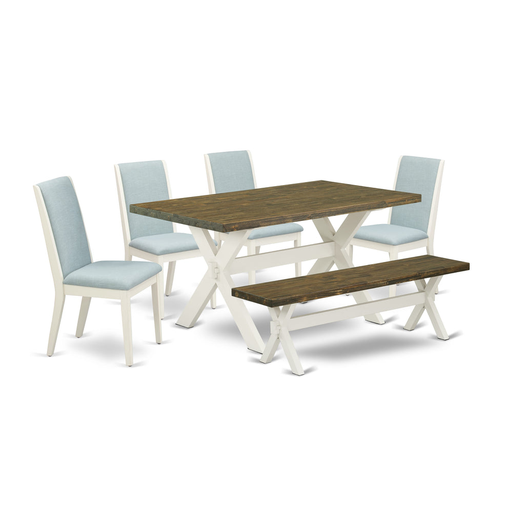 X076L9T6N-T 6-Piece Rectangular Table Set with X-Legs, 4 Baby Blue Linen Chairs, and Bench