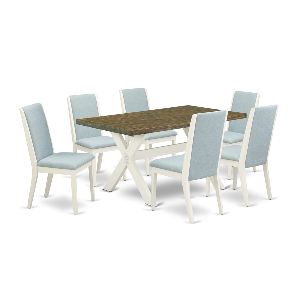 X076LE06P-Y Opulent 7-Piece Rectangular Dining Set with X-Legs, Baby Blue Upholstered Chairs, 36x60 Multi-Hue Design