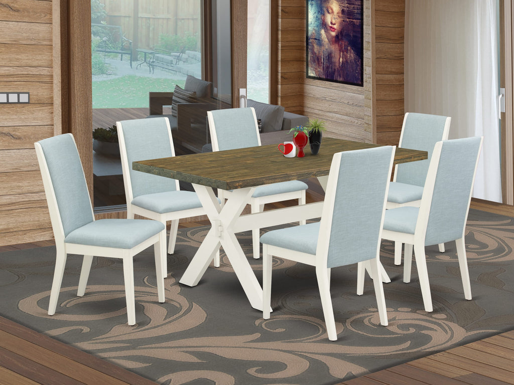 X076LE06P-Y Opulent 7-Piece Rectangular Dining Set with X-Legs, Baby Blue Upholstered Chairs, 36x60 Multi-Hue Design