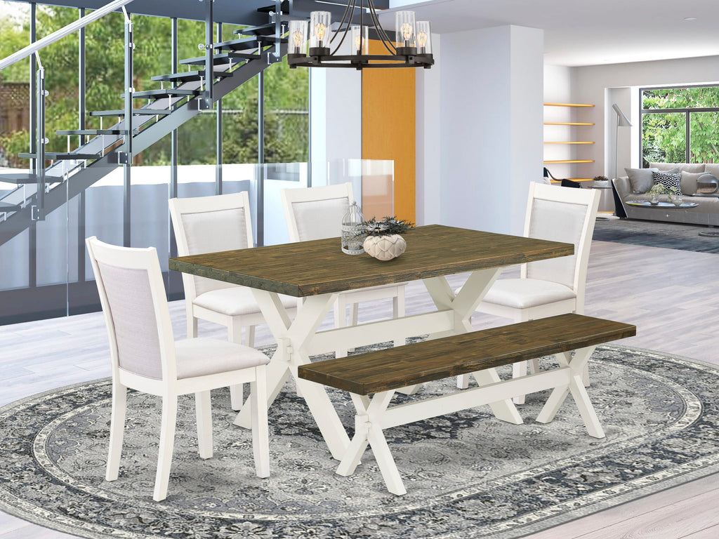 X076MVO52-E Elegant 6-Piece Dining Set with Cream Linen Chairs and X-Leg Table Bench, 36x60 Inch, Multi-Hued