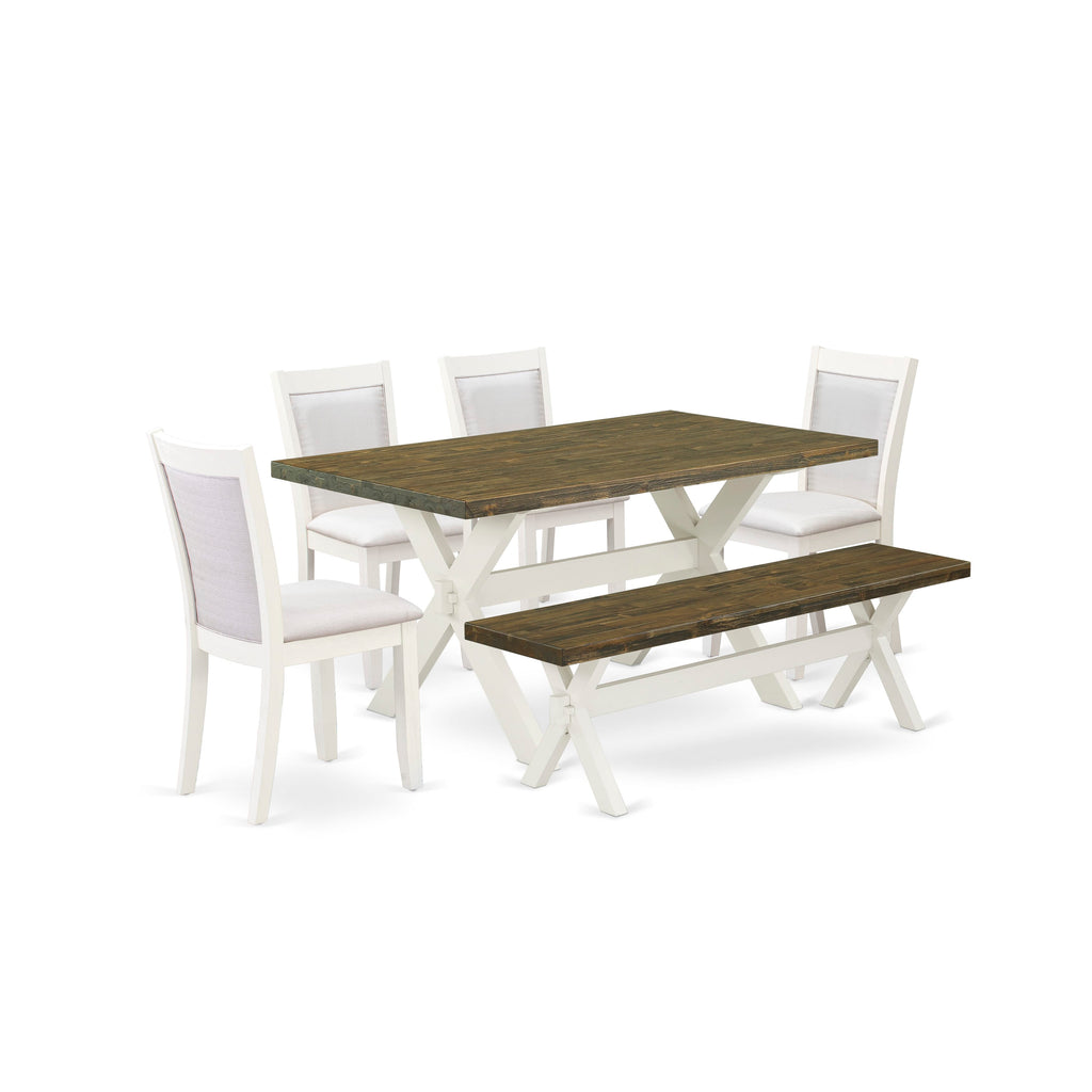 X076MVO52-E Elegant 6-Piece Dining Set with Cream Linen Chairs and X-Leg Table Bench, 36x60 Inch, Multi-Hued
