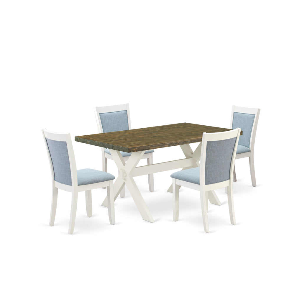 X076MI7TG-W 5 Piece Rectangular Dinner Set with X-Style Table and Four Parson Chairs in Baby Blue Linen