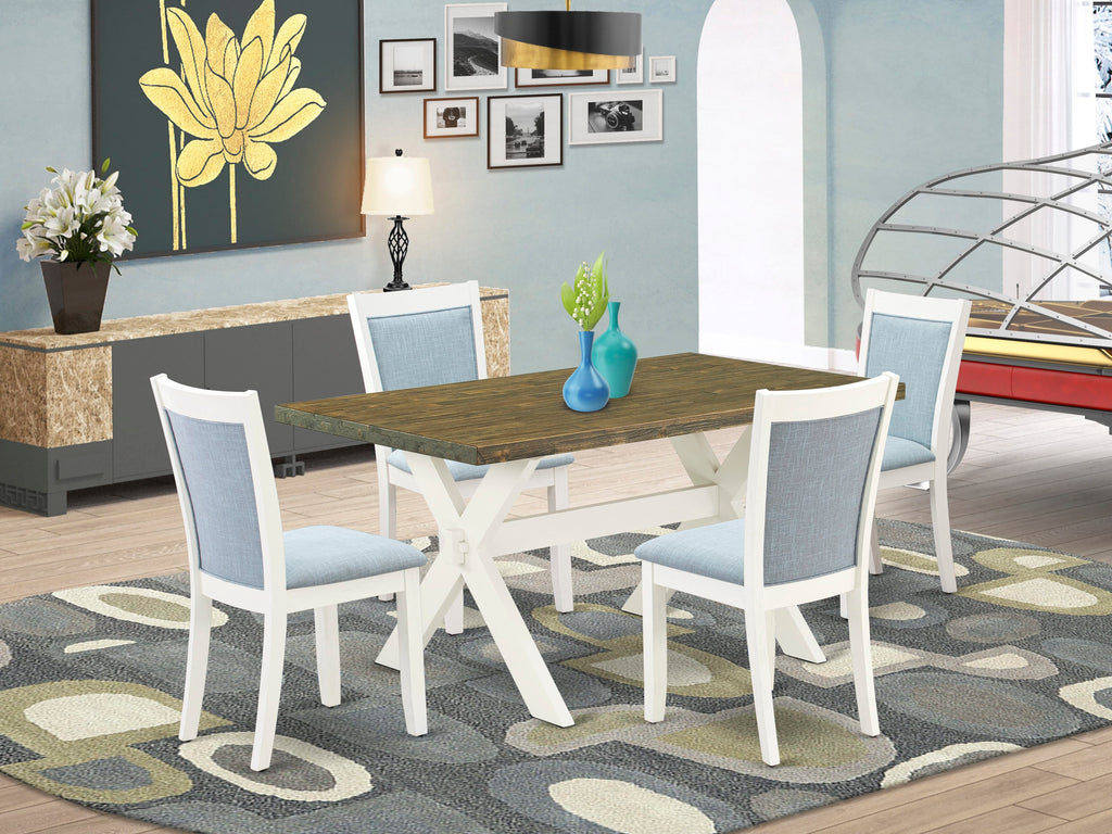 X076MI7TG-W 5 Piece Rectangular Dinner Set with X-Style Table and Four Parson Chairs in Baby Blue Linen
