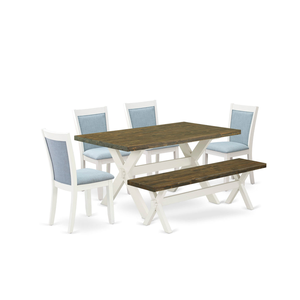 6-Piece Rectangular Table Set X076MSSBX-2 with X-Legs, 4 Chairs, Linen Upholstery & Bench, 36x60