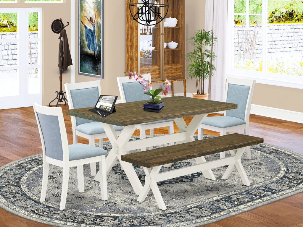 6-Piece Rectangular Table Set X076MSSBX-2 with X-Legs, 4 Chairs, Linen Upholstery & Bench, 36x60