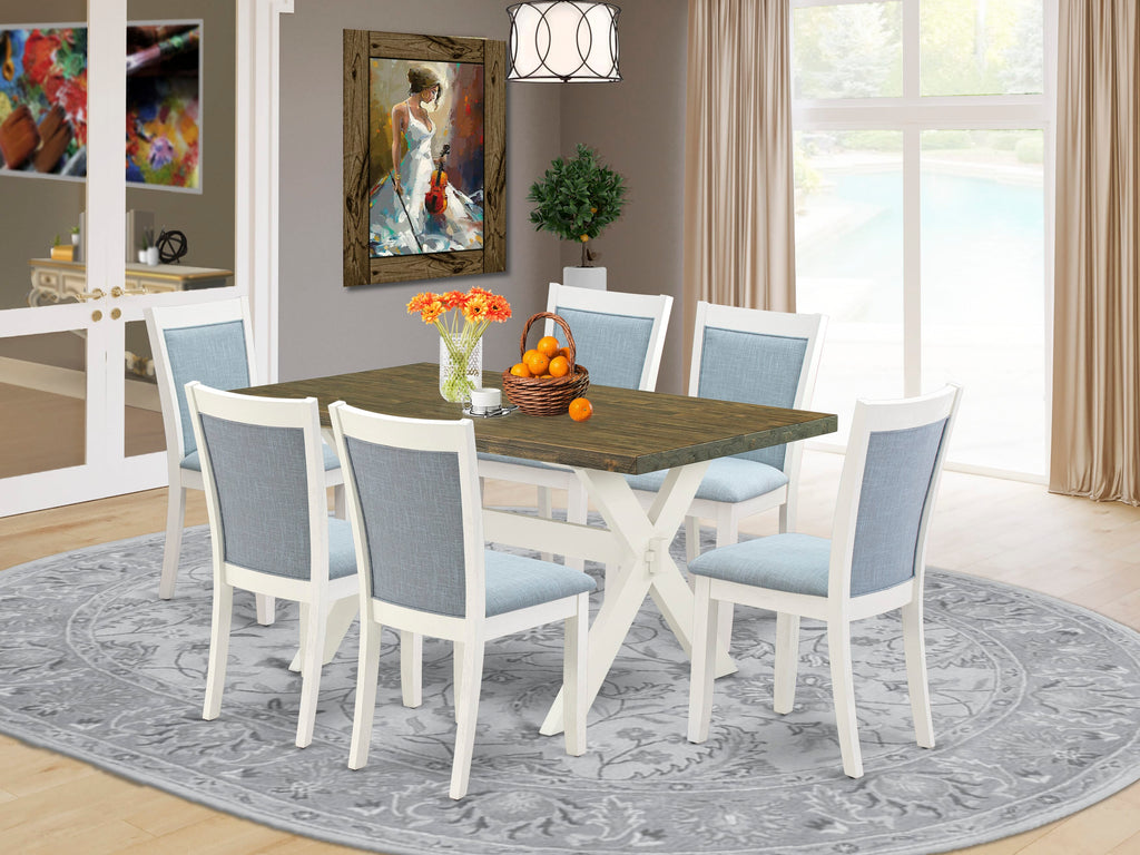 X076M373D-J 7-Piece Dining Set Rectangle Table with X-Legs & 6 Blue Linen Parson Chairs, 36x60in