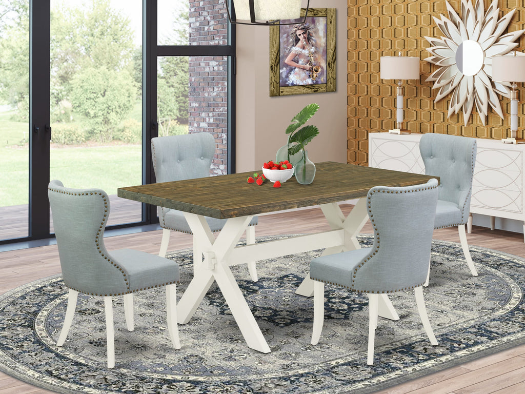 X076SZ9CZ-T 5-Piece Set Rectangle Dinner Table with X-Leg Design & 4 Parson Chairs in Blue-Hued Linen
