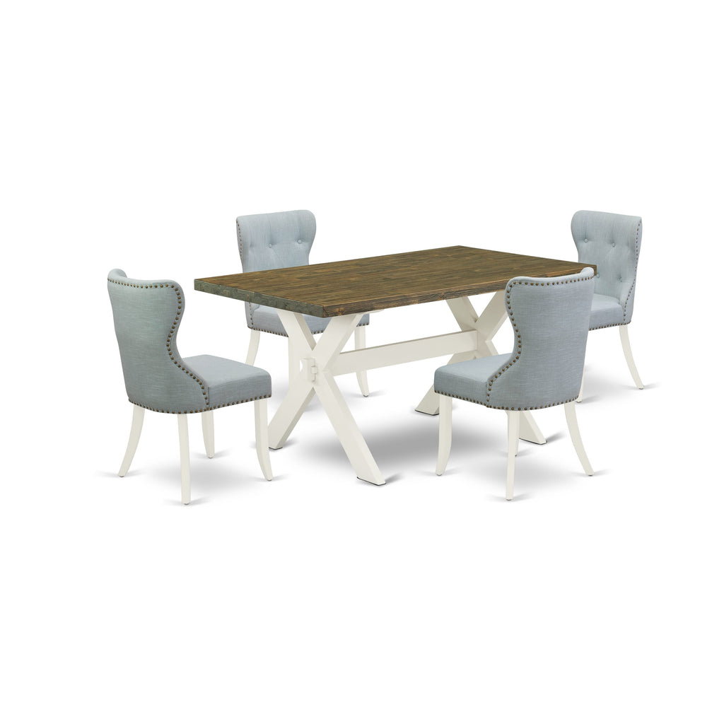 X076SZ9CZ-T 5-Piece Set Rectangle Dinner Table with X-Leg Design & 4 Parson Chairs in Blue-Hued Linen