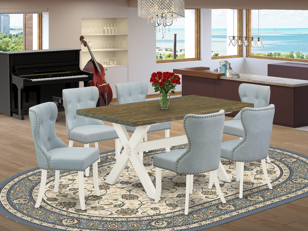 Unique Set X076S65VO-J 7 Pc Dining Collection with Sleek Rectangle Table & 6 Baby Blue Chairs 36x60 Inch