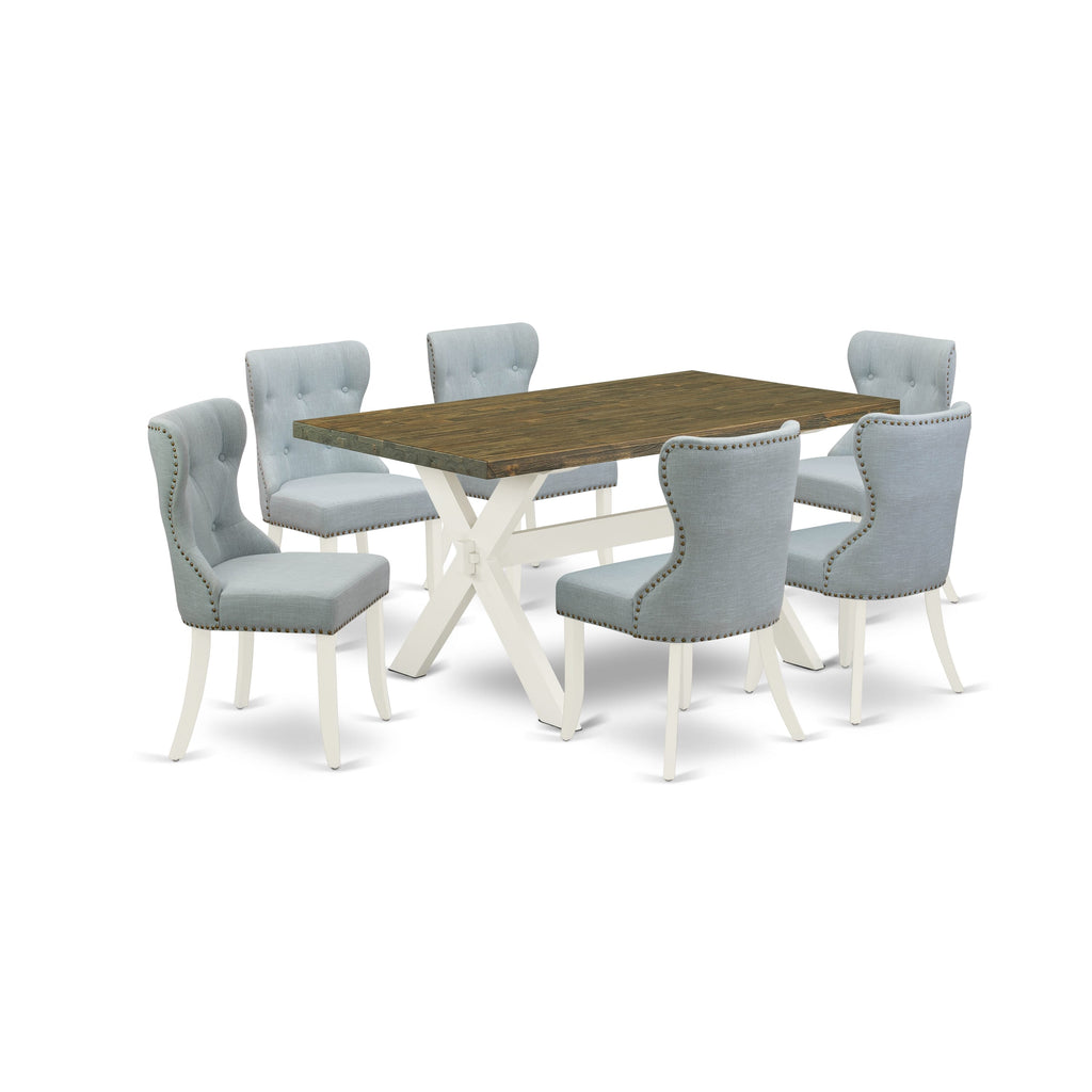 Unique Set X076S65VO-J 7 Pc Dining Collection with Sleek Rectangle Table & 6 Baby Blue Chairs 36x60 Inch