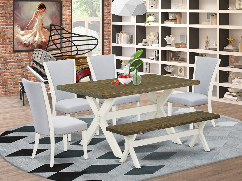 X076V8PW8-R 6 Pc Dining Collection with Rectangular Table & X-Legs, 4 Grey Linen Parsons & Bench, Multi-Color, 60x36