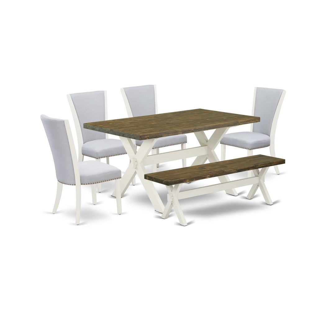 X076V8PW8-R 6 Pc Dining Collection with Rectangular Table & X-Legs, 4 Grey Linen Parsons & Bench, Multi-Color, 60x36