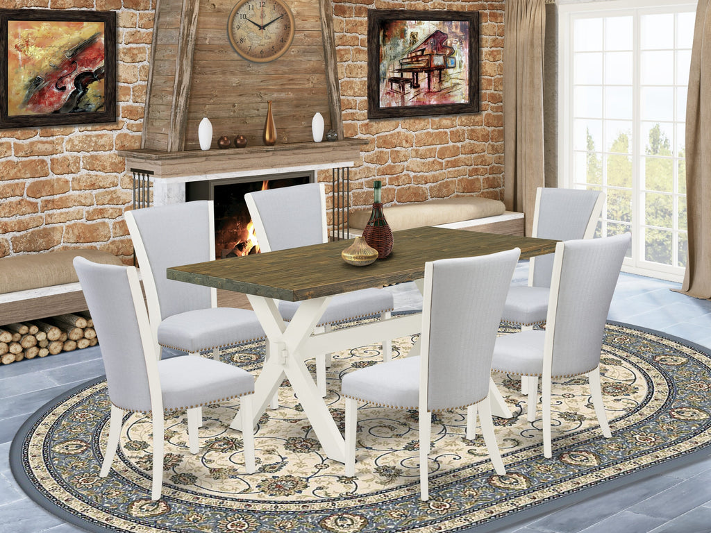 Dining Set X076V3GP6-W 7-Piece Contemporary Collection Featuring Rectangular Table with X-Leg Design and Six Grey Linen Chairs, 36x60 Multi-Color