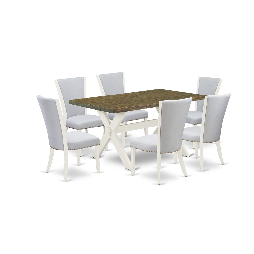 Dining Set X076V3GP6-W 7-Piece Contemporary Collection Featuring Rectangular Table with X-Leg Design and Six Grey Linen Chairs, 36x60 Multi-Color