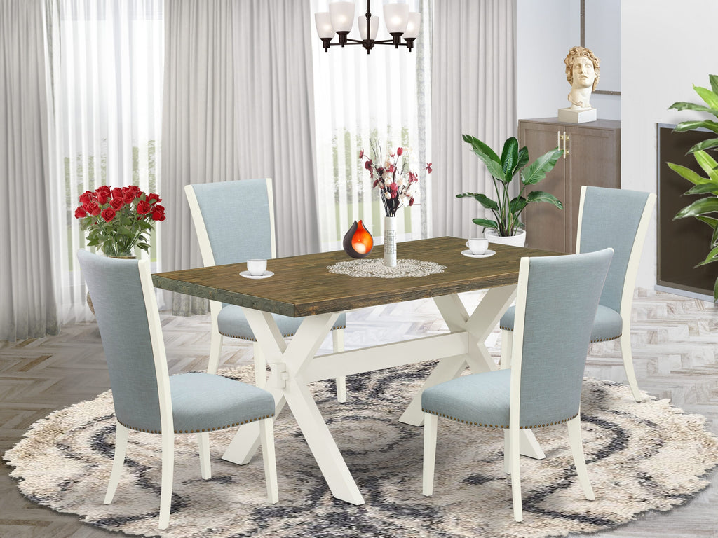 X076VUSXH-U 5-Piece Kitchen Dining Ensemble with Rectangular Table & 4 Blue Linen Parson Chairs - 36x60 Inches