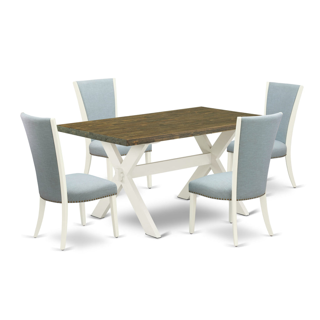 X076VUSXH-U 5-Piece Kitchen Dining Ensemble with Rectangular Table & 4 Blue Linen Parson Chairs - 36x60 Inches