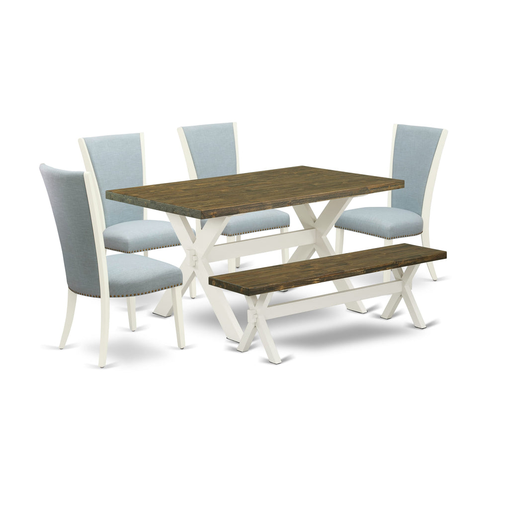 X076V56R8-C Elegant 6-Piece Dining Set with Rectangular Table, Blue Linen Parsons Chairs & Bench