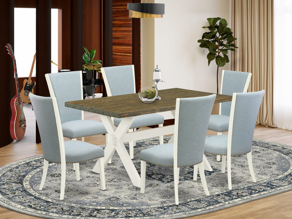 X076VAEQN-I 7 Piece Dining Ensemble with Rectangular Table, X-Legs & 6 Soft Blue Linen Chairs in Multi-Hues, 36x60 Inch