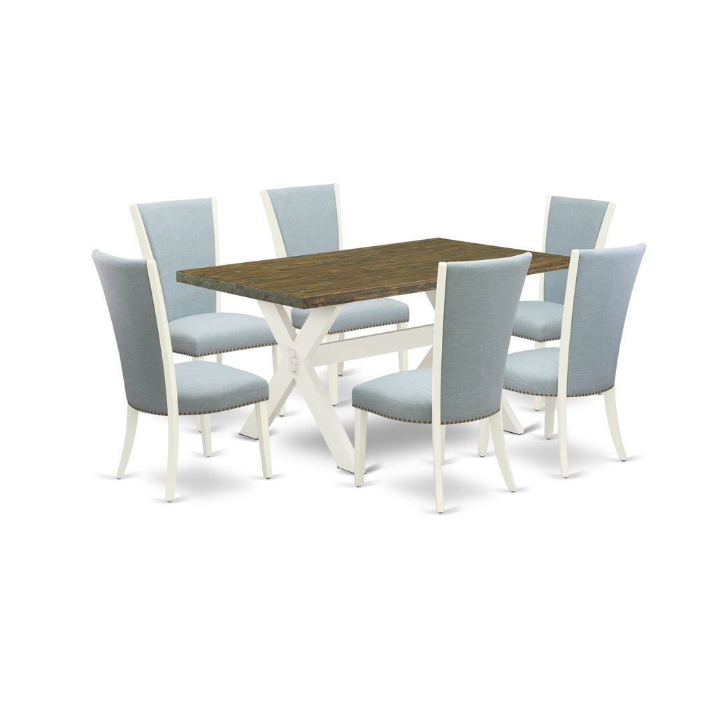 X076VAEQN-I 7 Piece Dining Ensemble with Rectangular Table, X-Legs & 6 Soft Blue Linen Chairs in Multi-Hues, 36x60 Inch