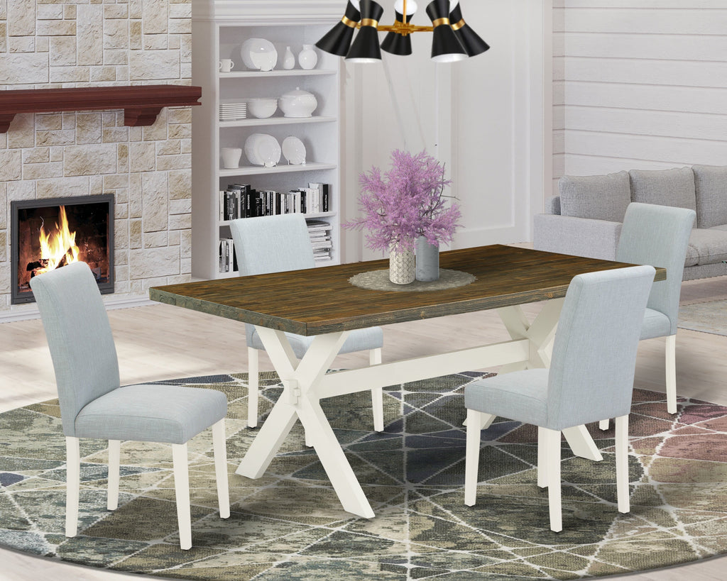 X077AWARD-F Five-Piece Dining Set with X-Leg Table and Baby Blue Upholstered Chairs, 36x60 Inch, Multi-Color
