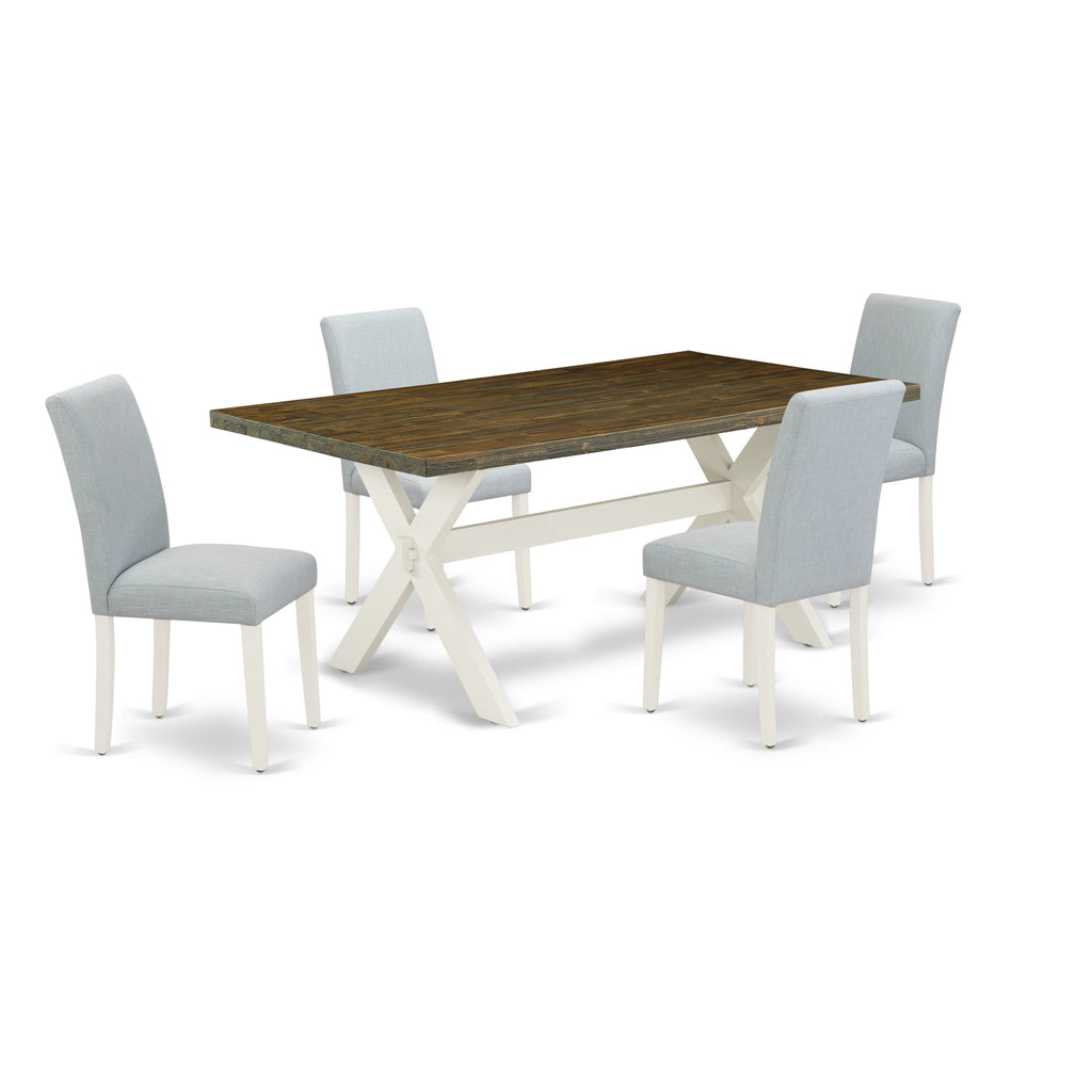 X077AWARD-F Five-Piece Dining Set with X-Leg Table and Baby Blue Upholstered Chairs, 36x60 Inch, Multi-Color