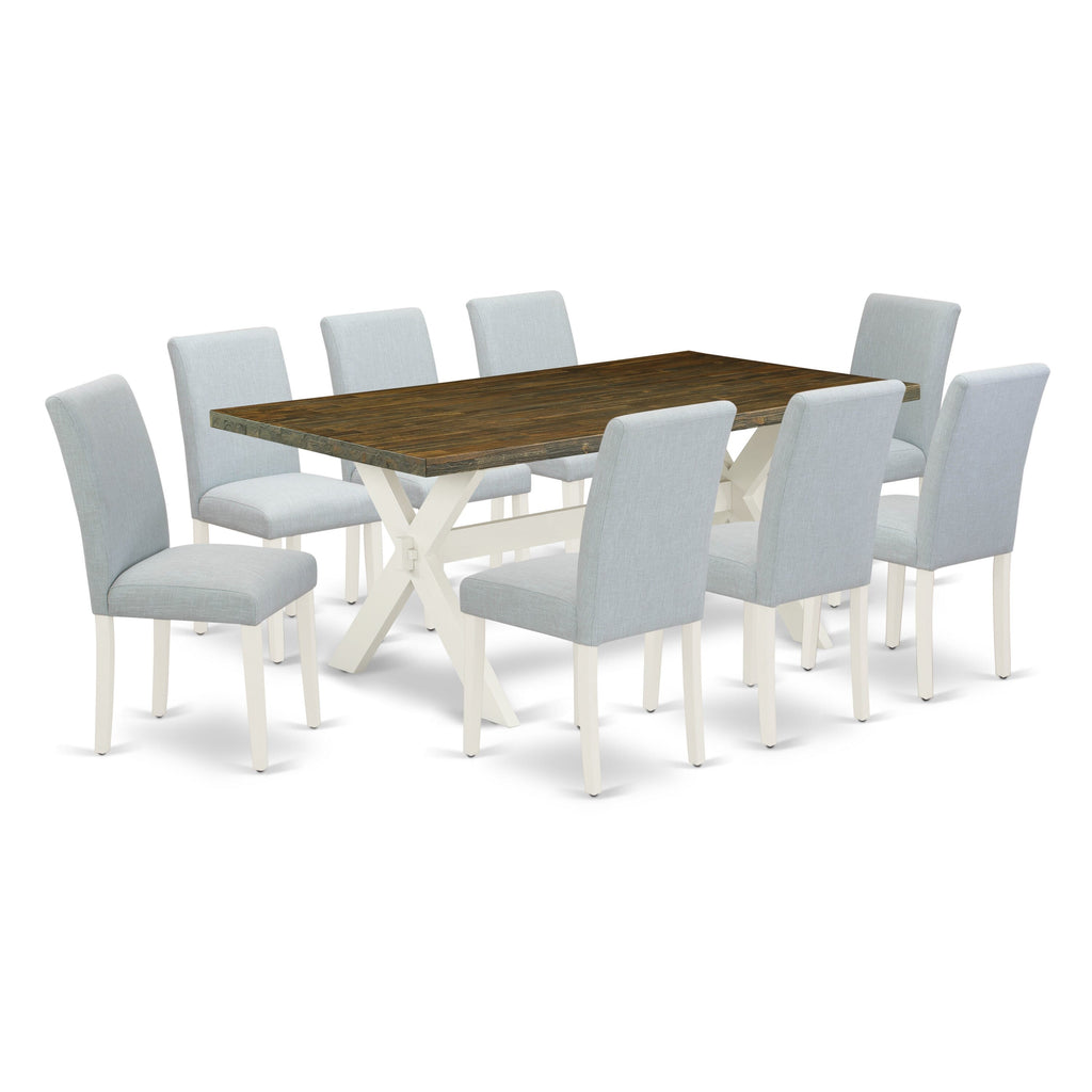 Stylish X077AX1JV-C 9-Piece Dining Ensemble with X-Leg Table and Linen Chairs, Multi-Color Elegance