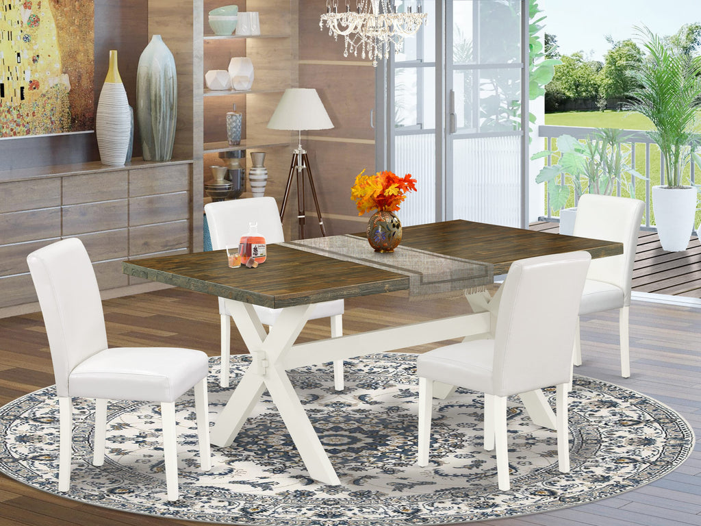 X077A1GKZ Modern Rectangle Dining Set Wood X-Legs Table & 4 Faux Leather Chairs
