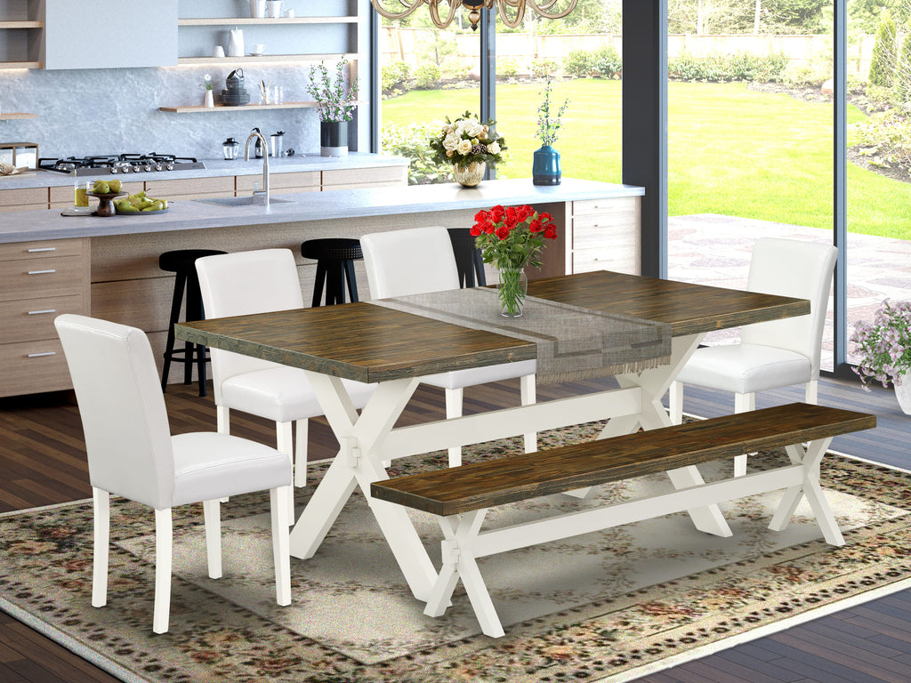 X077A1NA4-2 Piece Dining Room Set with Rectangular Table, X-Legs, 4 White Leather Parson Chairs & Bench
