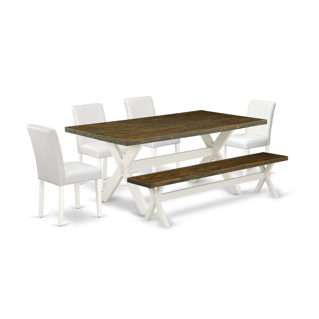 X077A1NA4-2 Piece Dining Room Set with Rectangular Table, X-Legs, 4 White Leather Parson Chairs & Bench