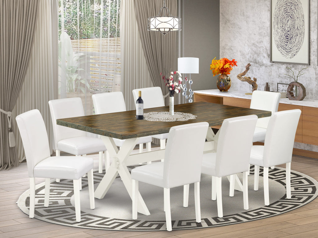 Elegant X077A9EGV-Q 9-Piece Dining Set with Rectangle Table and Plush White Chairs, 40x72 Multi-Shade