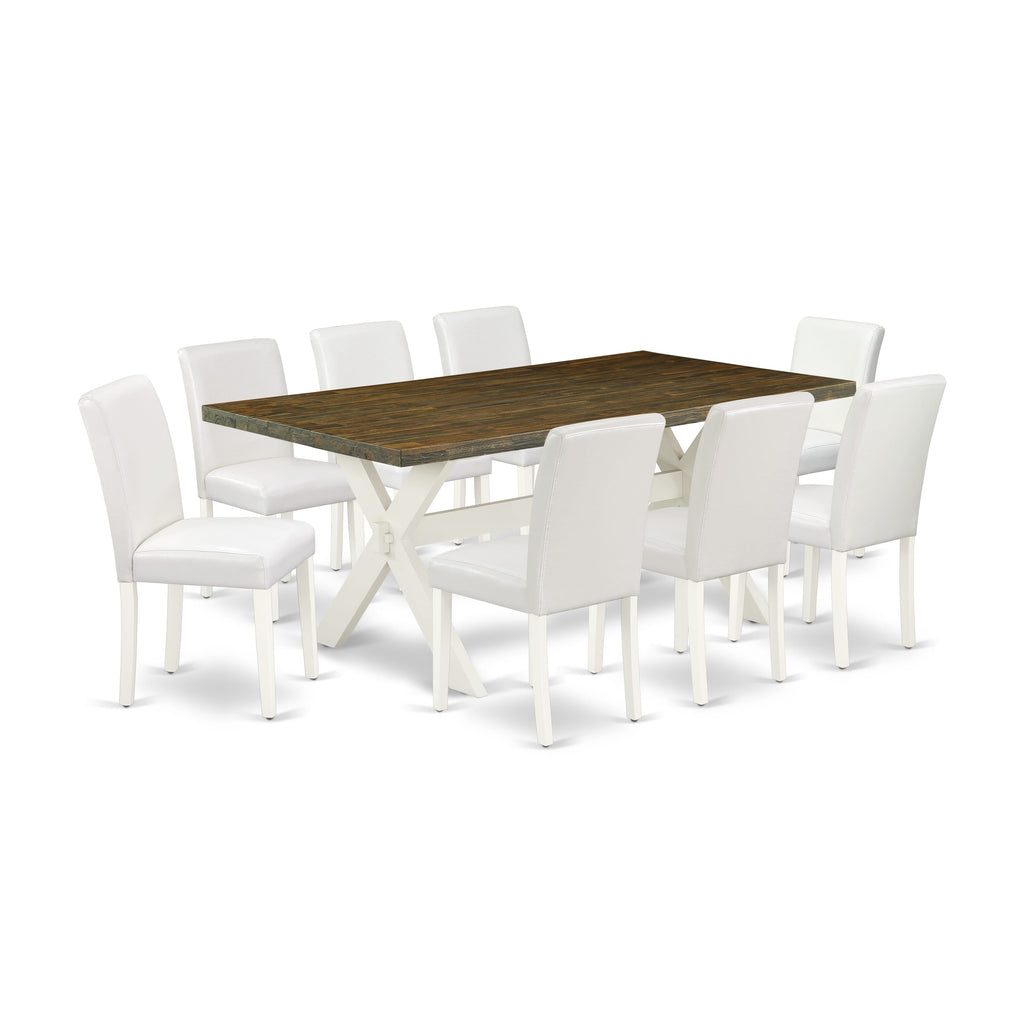Elegant X077A9EGV-Q 9-Piece Dining Set with Rectangle Table and Plush White Chairs, 40x72 Multi-Shade