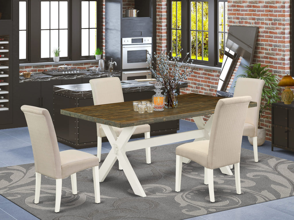 X077BVVGD-D 5-Piece Dining Ensemble Rectangle Table with X-Legs & 4 Cream Linen Chairs, 40x72