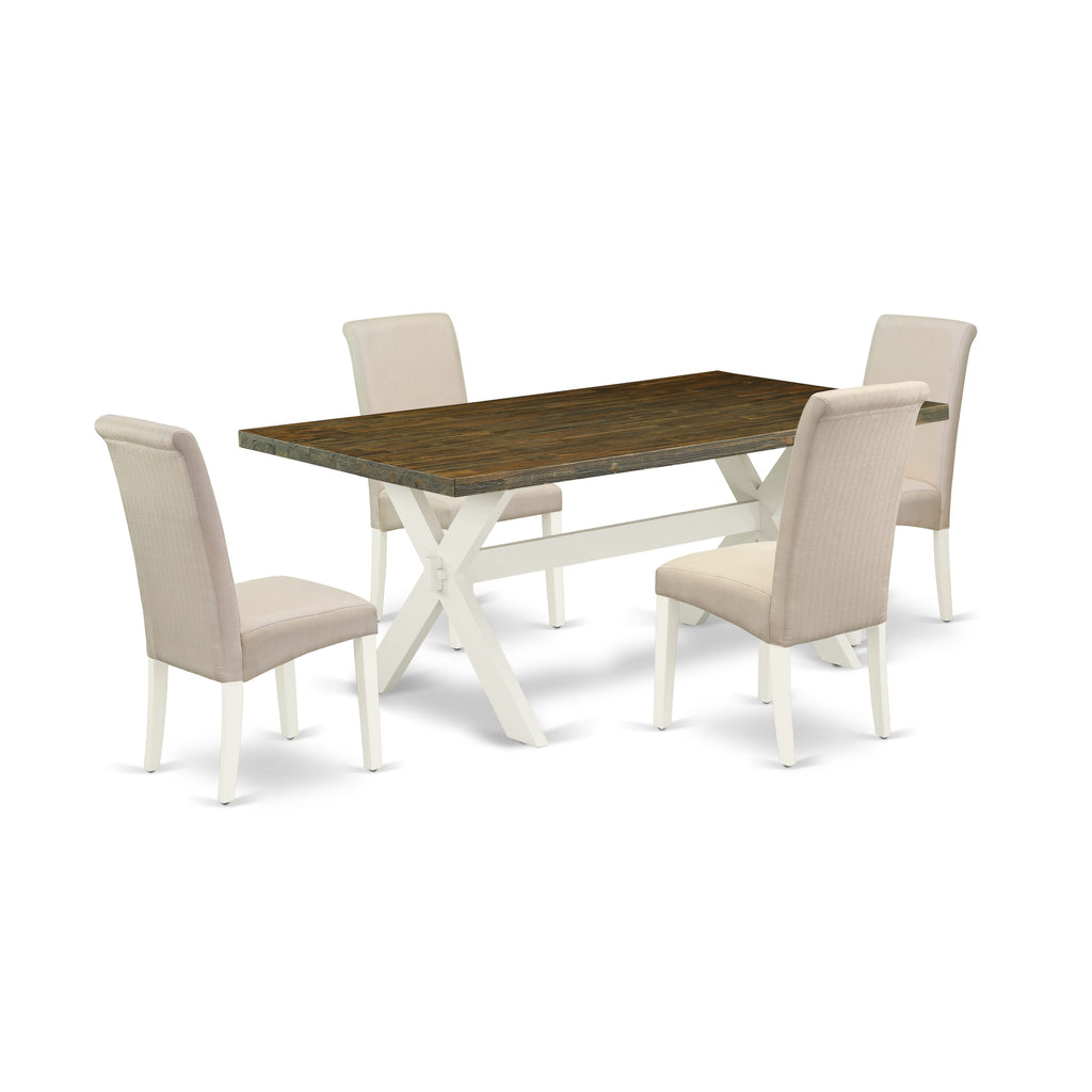X077BVVGD-D 5-Piece Dining Ensemble Rectangle Table with X-Legs & 4 Cream Linen Chairs, 40x72